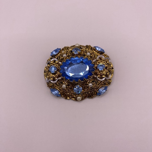 Western Germany Signed Blue Rhinestone Pearl Enamel Brooch Vintage - Picture 2 of 6